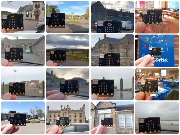 Collage of 16 pictures of the micro:bit in front of school buildings or in classrooms.