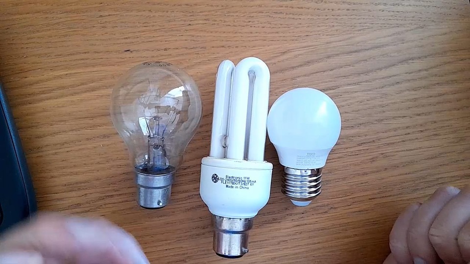 Picture of three types of light bulb, incandescent, energy saving and LED.